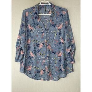 Massini Top Blouse Plus Size 2X Blue Floral 3/4 Tabbed Sleeves Button Down Up